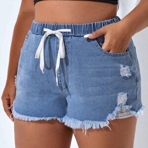 Light Wash Plus Drawstring Waist Ripped Raw Cut Denim Shorts